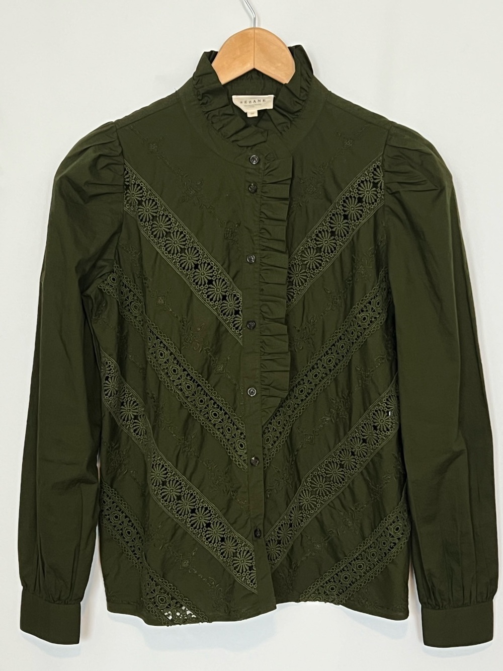 Sézane Lou Shirt Perfect Green Embroidered Lace Ruffle Blouse Size 38 (US 6) - Picture 2 of 6